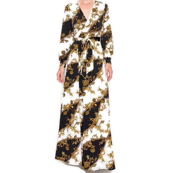 Janette Fashion Ivory Gold Black Bell Long Sleeve Faux Wrap Maxi Dress - Picture 2 of 4
